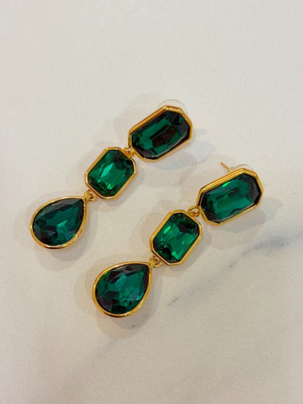 Gold Drop Earrings with Emerald Green Crystals | Luxury Elegant Jewelry